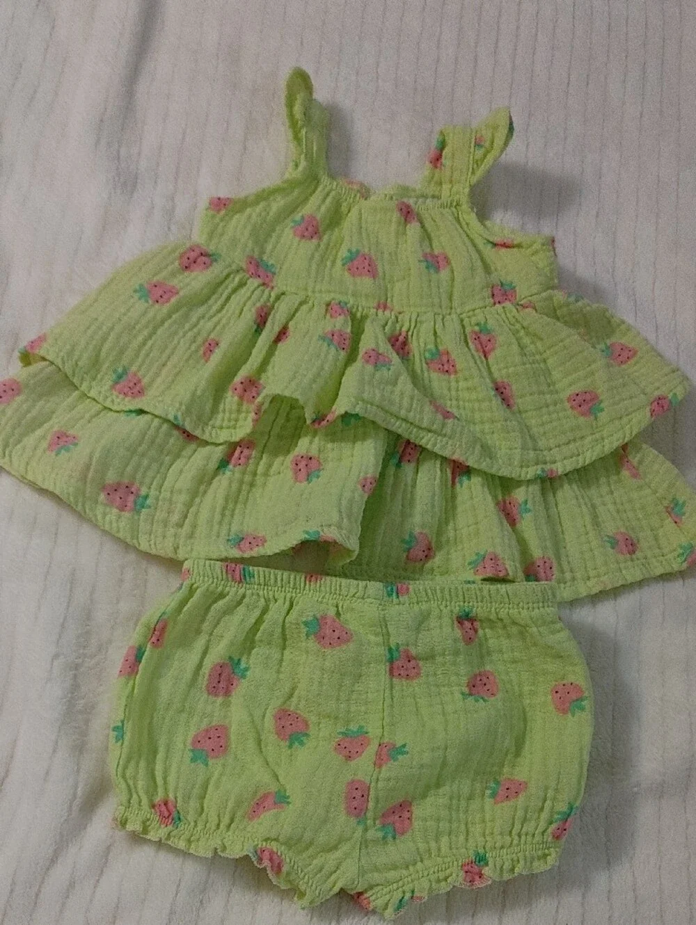 Koala Kids Lime Green Strawberry Print Ruffle Tank & Shorts Set